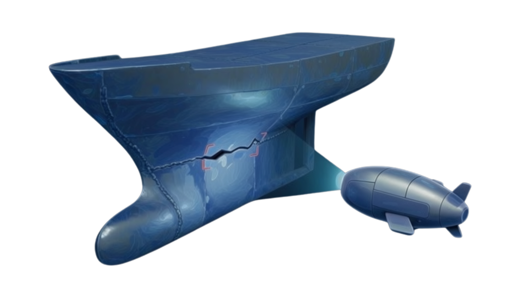 DeepSeas Scout Drone inspecting a damaged submarine hull
